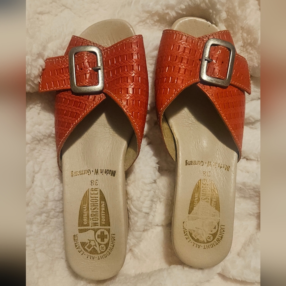 Worishofer Red Wedge Sandals Made In Germany Lightweight All Leather Size 38